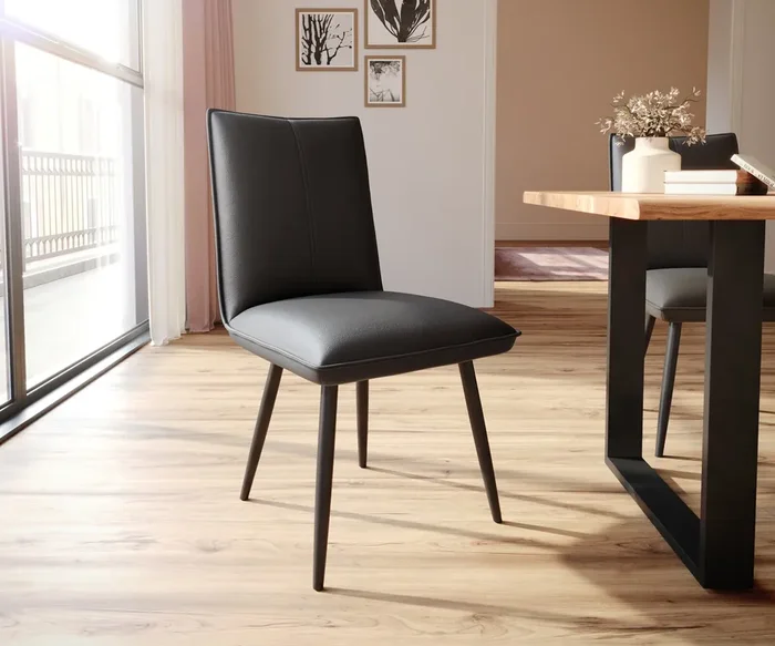 Esszimmerstuhl Lelio-Flex Echt-Leder Schwarz 4-Fuß konisch Schwarz Taschenfederkern