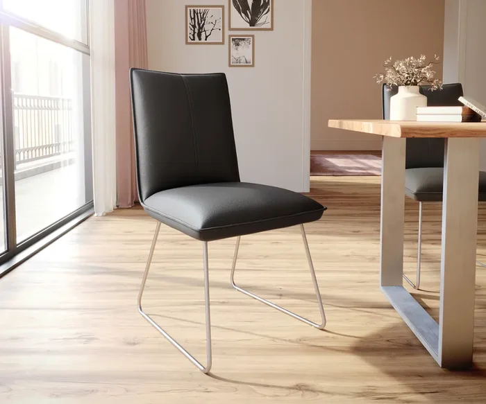 Esszimmerstuhl Lelio-Flex Echt-Leder Schwarz Kufengestell Edelstahl Taschenfederkern