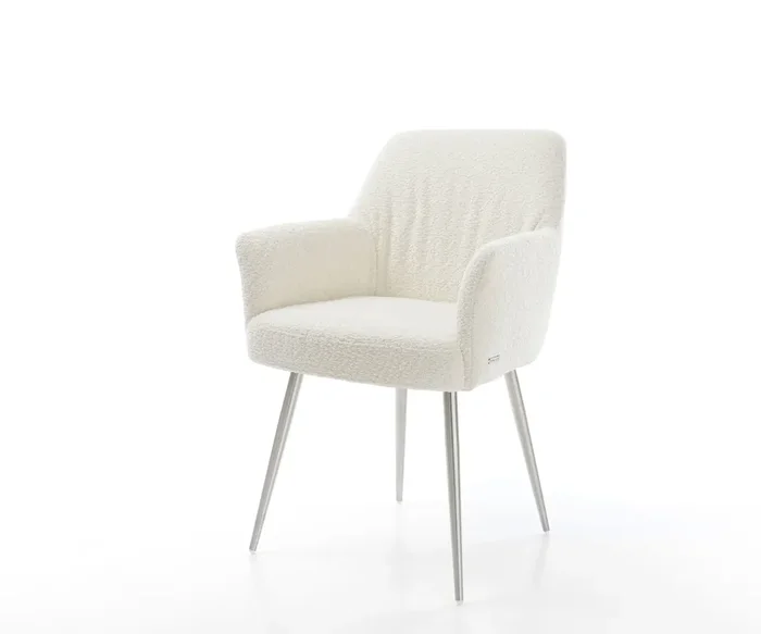 Esszimmerstuhl Xana-Flex mit Armlehnen Bouclé Weiß 4-Fuß konisch Edelstahl Taschenfederkern