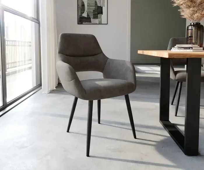 Esszimmerstuhl Yago-Flex mit Armlehnen Mikrofaser Anthrazit Vintage 4-Fuß konisch Schwarz Taschenfederkern