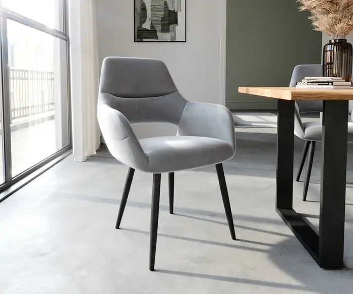 Esszimmerstuhl Yago-Flex mit Armlehnen Samt Grau 4-Fuß konisch Schwarz Taschenfederkern