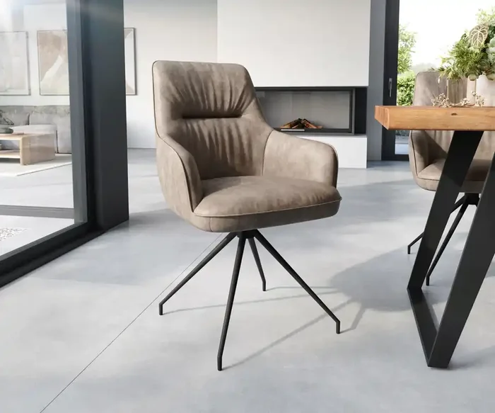 Esszimmerstuhl Zelia-Flex mit Armlehnen Mikrofaser Taupe Vintage Kreuzgestell konisch Schwarz Taschenfederkern