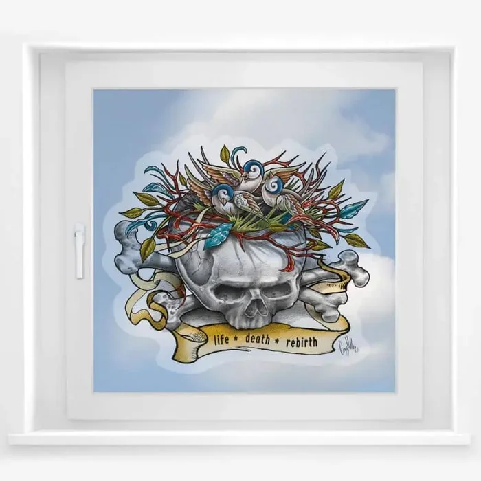 Fensterbild LA Ink Schädel mit Vogelnest