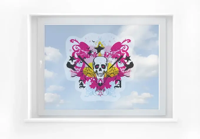 Fensterbild LA Ink Totenschädel im Farbchaos