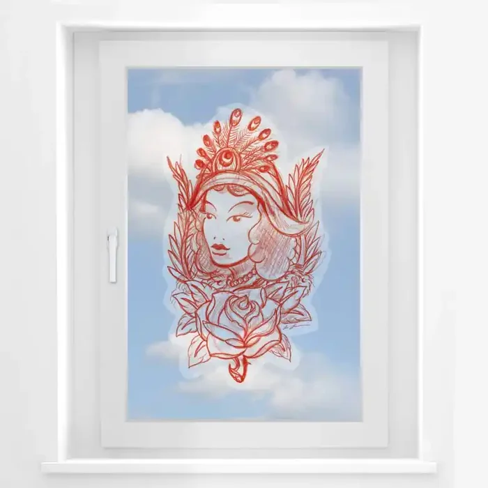 Fensterbild Miami Ink Frau mit Pfauenfedern