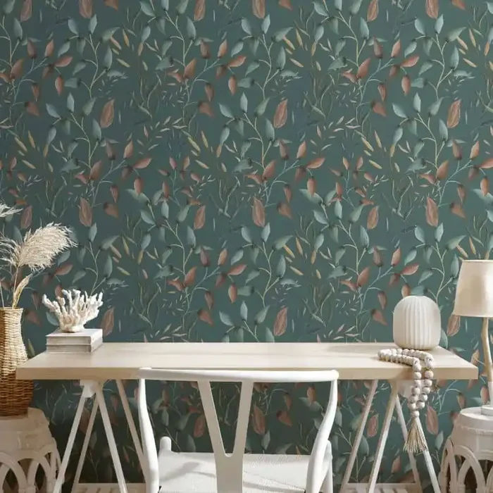 Florale Tapete Blätter Aquarell – Vliestapete in Dunkelgrün Braun Gelb – Pflanzen-Tapete
