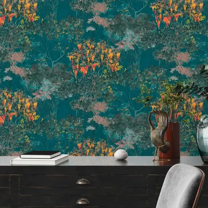 Florale Vliestapete mit Bäumen Schwarz Dunkelblau – Tapete im Aquarell-Look