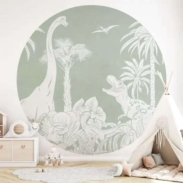 Fototapete Grüne Urzeitwelten – Dinosaurier unter Palmen – Kikki Belle – Rund – Selbstklebend/Vlies
