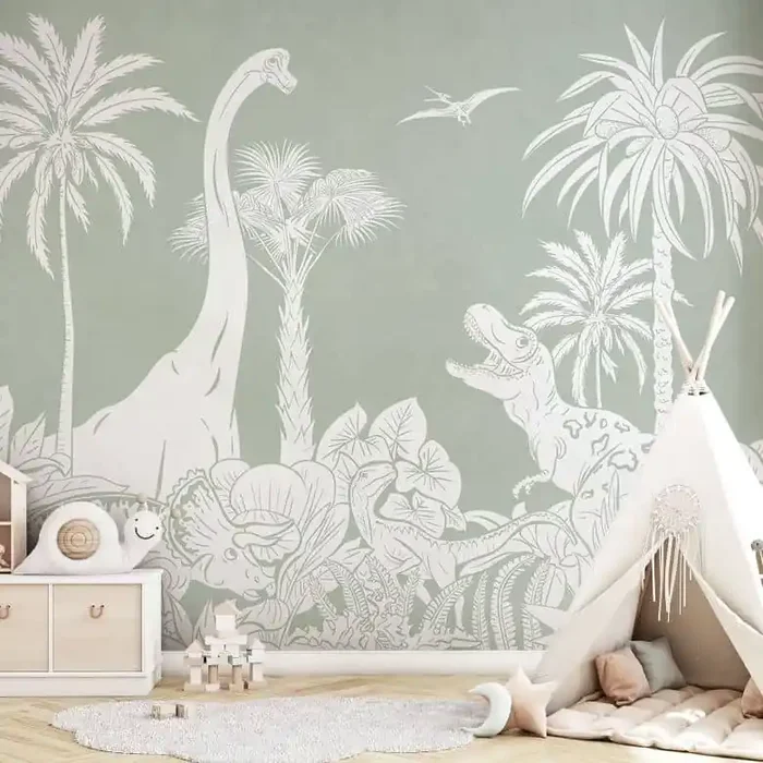 Fototapete Grüne Urzeitwelten – Dinosaurier unter Palmen – Kikki Belle