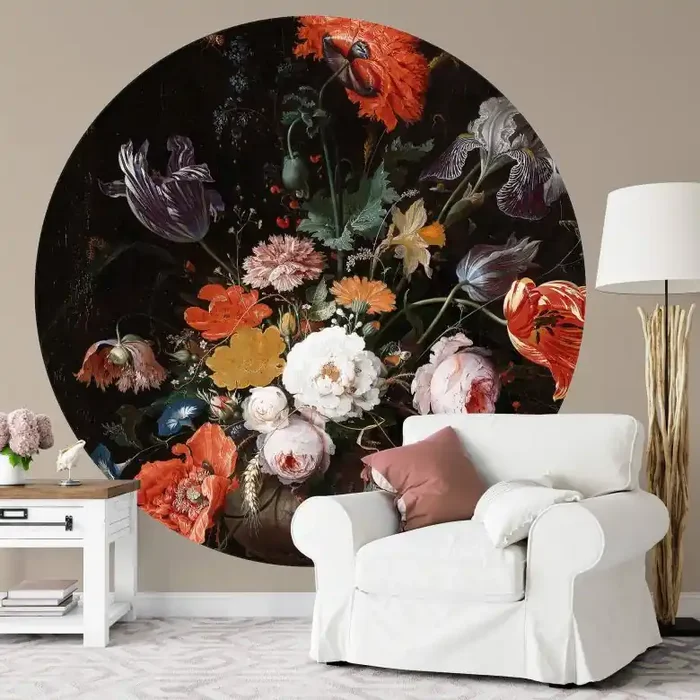 Fototapete Mignon – Stillleben mit Blumen und einer Uhr – Rund – Selbstklebend/Vlies