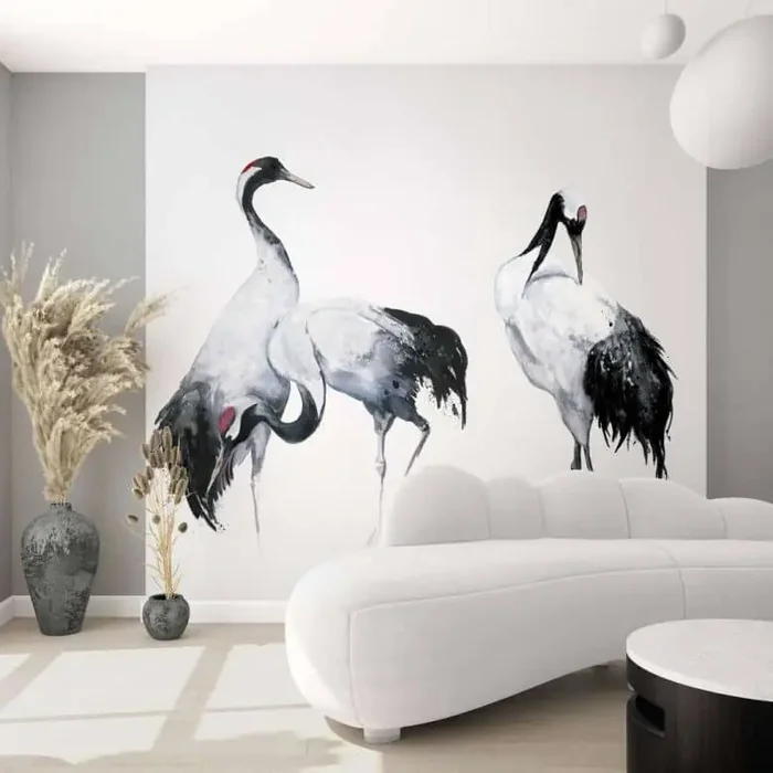 Fototapete mit Kranichen im Asia Style weiß, schwarz Illustration 2,70 x 1,59 m