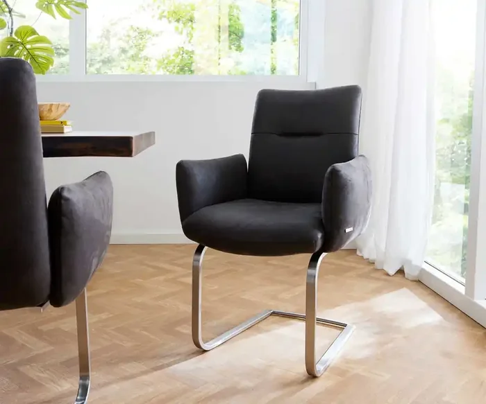 Freischwinger Jova-Flex mit Armlehnen Mikrofaser Anthrazit Vintage Freischwinger flach Edelstahl Taschenfederkern