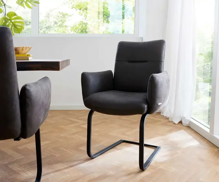 Freischwinger Jova-Flex mit Armlehnen Mikrofaser Anthrazit Vintage Freischwinger flach Schwarz Taschenfederkern