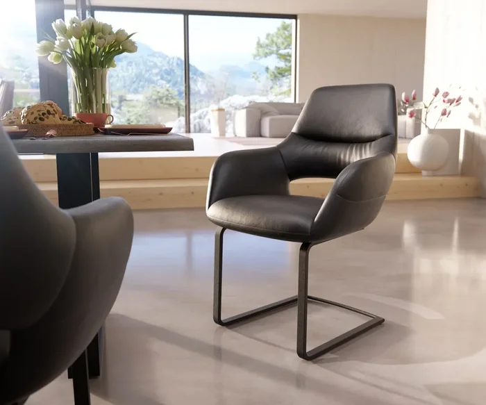 Freischwinger Yago-Flex mit Armlehnen Echt-Leder Schwarz Freischwinger flach Schwarz Taschenfederkern