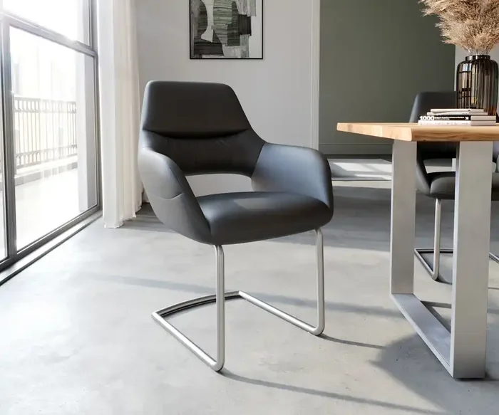 Freischwinger Yago-Flex mit Armlehnen Echt-Leder Schwarz Freischwinger rund Edelstahl Taschenfederkern