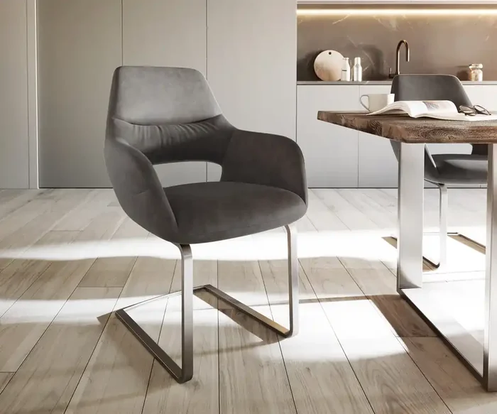 Freischwinger Yago-Flex mit Armlehnen Mikrofaser Anthrazit Vintage Freischwinger flach Edelstahl Taschenfederkern