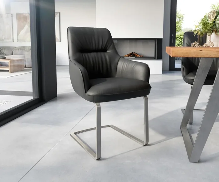 Freischwinger Zelia-Flex mit Armlehnen Echt-Leder Schwarz Freischwinger flach Edelstahl Taschenfederkern