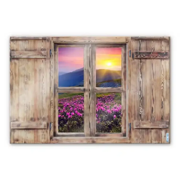 Glasbild 3D Holzfenster – Sonnenuntergang in den Bergen