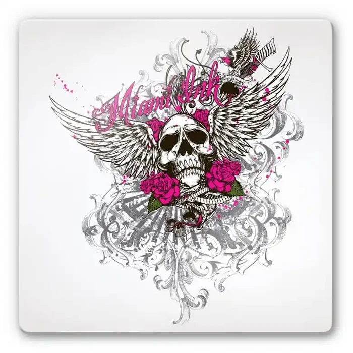 Glasbild Miami Ink Schädel mit Rosen