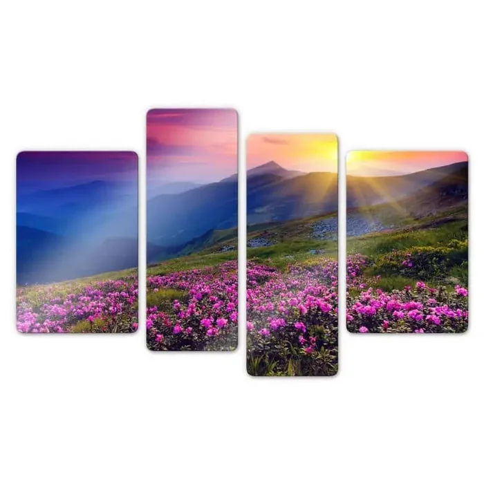 Glasbild Sonnenuntergang in den Bergen (4-teilig)