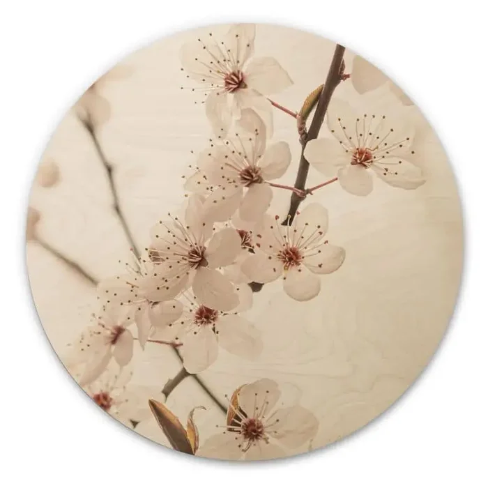 Holzbild Zweig mit weißen Kirschblüten – Sisi & Seb – Rund