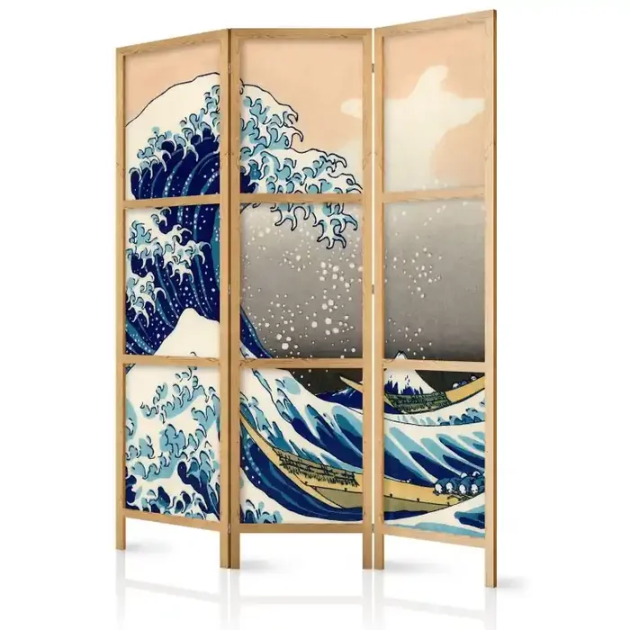 Japanischer Paravent, Raumteiler freistehend, Trennwand – Große Welle in Kanagawa