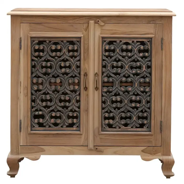 Kommode Abaddon 92 cm handgefertigt aus Teakholz mit Ornamenten