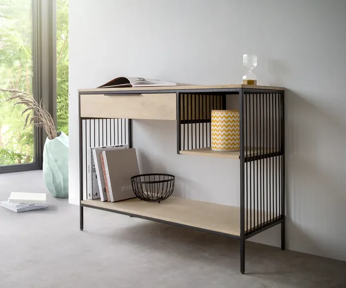 Konsolentisch Liborio 110×40 cm Mango White Wash Metall Schwarz 1 Schublade