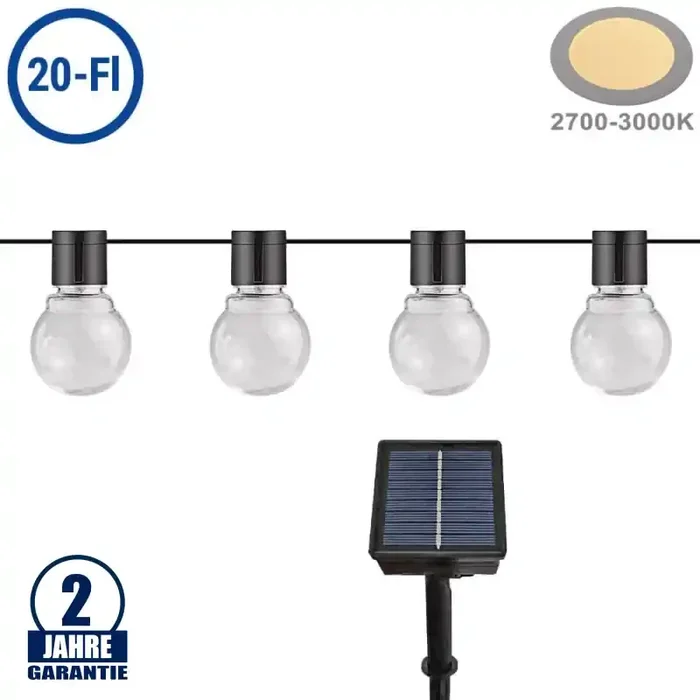 LED Solar-Lichterkette 20 Birnen klar 7m Warmweiß