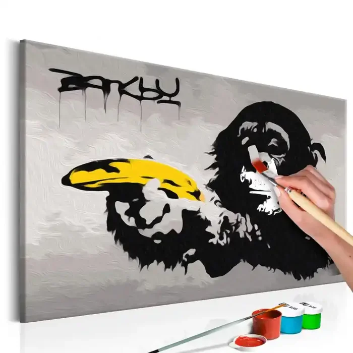 Malen nach Zahlen Leinwandbild – Affe mit Banane (Banksy) – 50×40 cm – mit Keilrahmen – bespannt