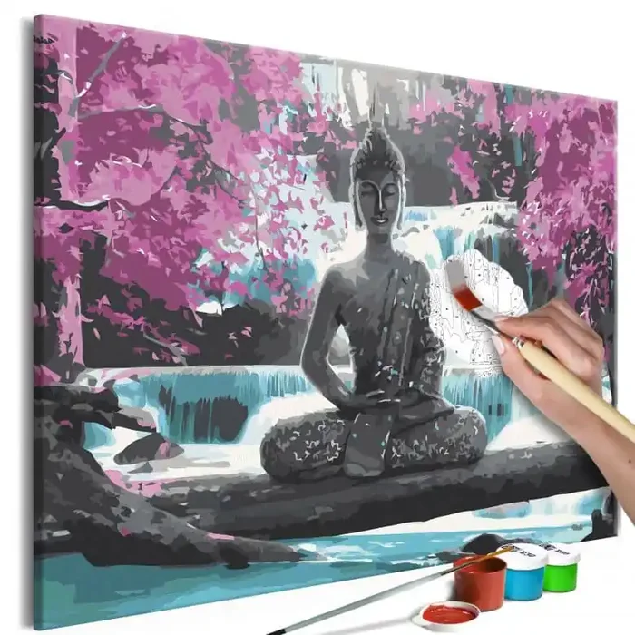 Malen nach Zahlen Leinwandbild – Buddha und Wasserfall – 50×40 cm – mit Keilrahmen – bespannt