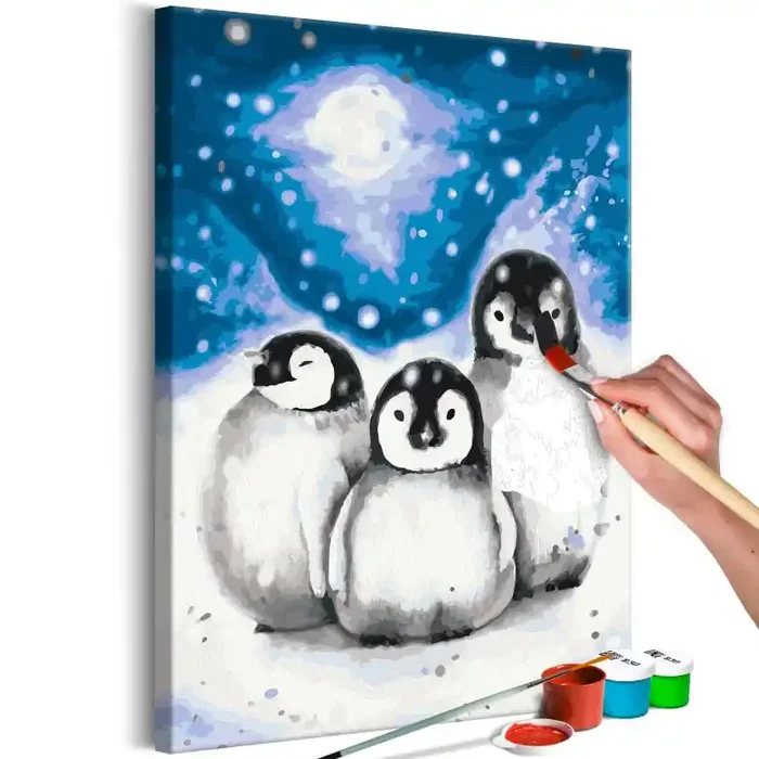 Malen nach Zahlen Leinwandbild – Drei Pinguine – 40×50 cm – mit Keilrahmen – bespannt