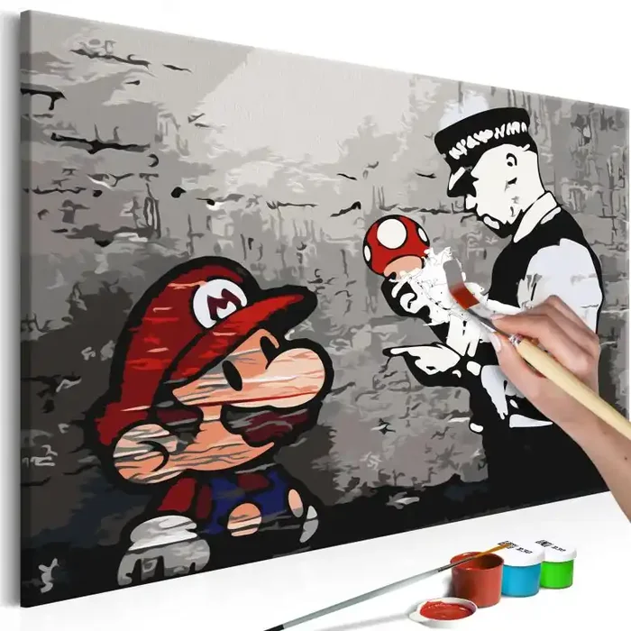 Malen nach Zahlen Leinwandbild – Mario und der Polizist (Banksy) – 50×40 cm – mit Keilrahmen – bespannt