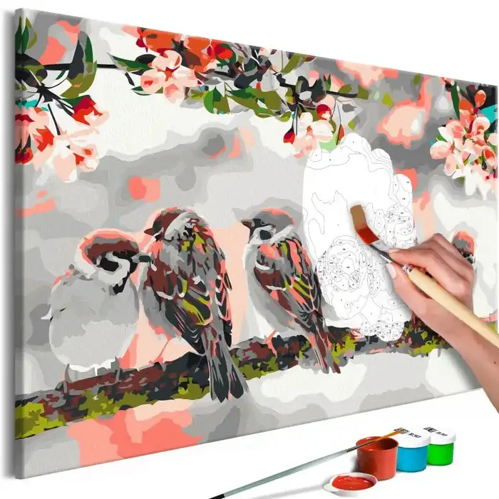 Malen nach Zahlen Leinwandbild – Vögel auf den Zweigen – 50×40 cm – mit Keilrahmen – bespannt