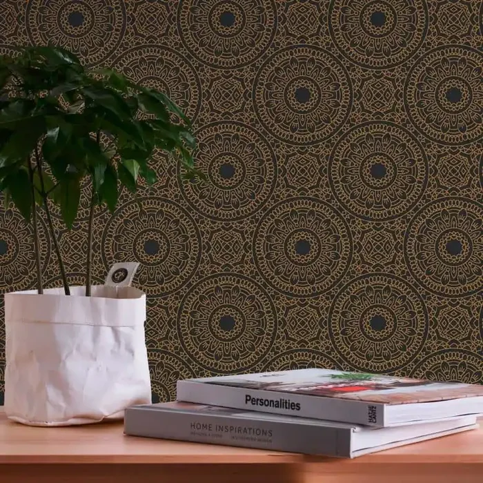 Mandala Grafiktapete Gold Schwarz – Tapete im Boho-Stil – Vliestapete Wohnzimmer Küche