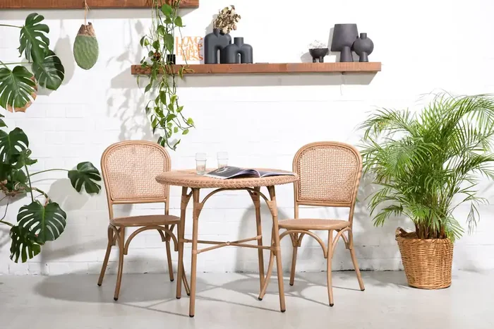 Outdoorset Rattan Bistrotisch 80 Ø + 2 Bistro Stühle Cabana PE/Alu