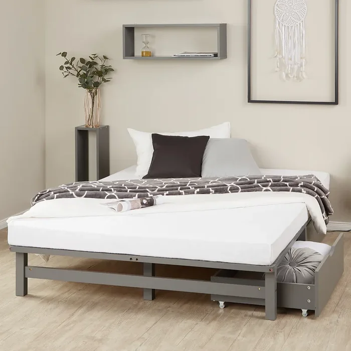 Palettenbett 140×200 cm Grau Doppelbett mit Bettkästen mit Matratze Holz Kind Jugend Gast Schlafzimmer