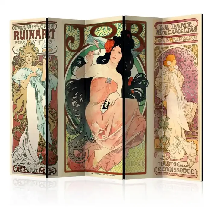 Paravent, Raumteiler freistehend, Trennwand – Alphonse Mucha. Frauen , 5-teilig – 225×172 cm