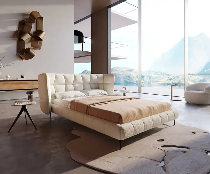 Polsterbettgestell Capujo 140×200 cm Bouclé Creme-Weiß