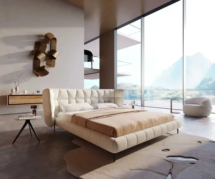 Polsterbettgestell Capujo 180×200 cm Bouclé Creme-Weiß