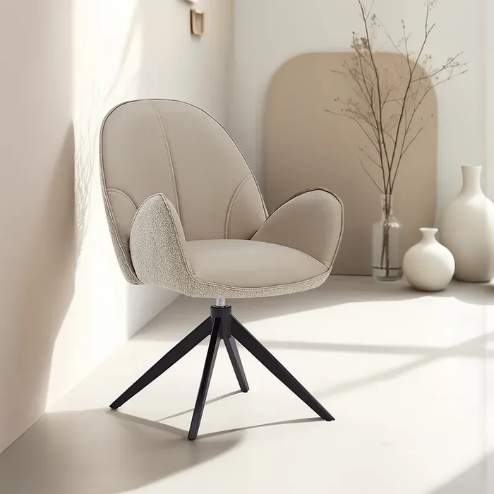 Polsterstuhl Bouclé Leder Beige Almond Milk einzeln drehbar mit Armlehnen Polstersessel Clubsessel Lounge