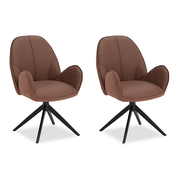 Polsterstuhl Bouclé Leder Braun Mocha Mousse 2er Set drehbar mit Armlehnen Polstersessel Clubsessel Lounge