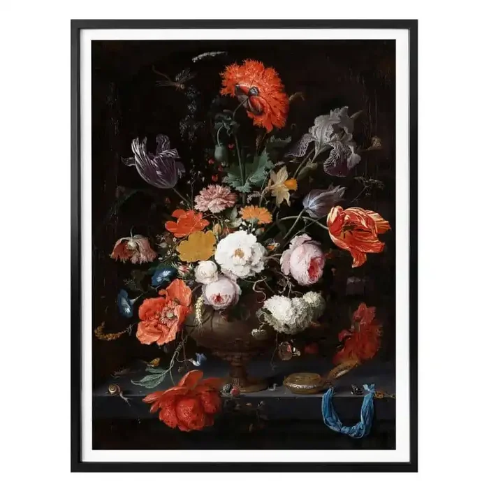 Poster Mignon – Stillleben mit Blumen und einer Uhr