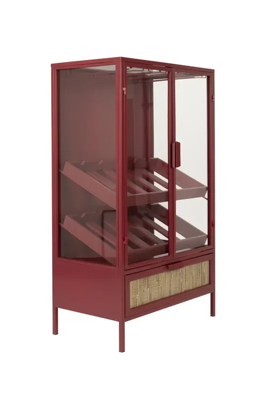 Retro Weinregal Barschrank Vitrine Mori Rot Rattangeflecht