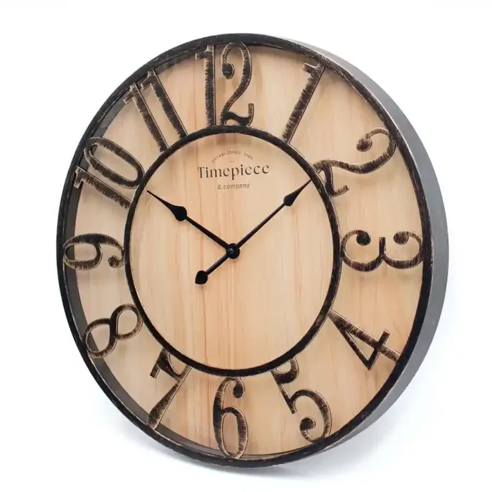 Rustikale Wanduhr in Holz-Metall Optik mit Vintage Ziffern geräuschlos Ø50cm
