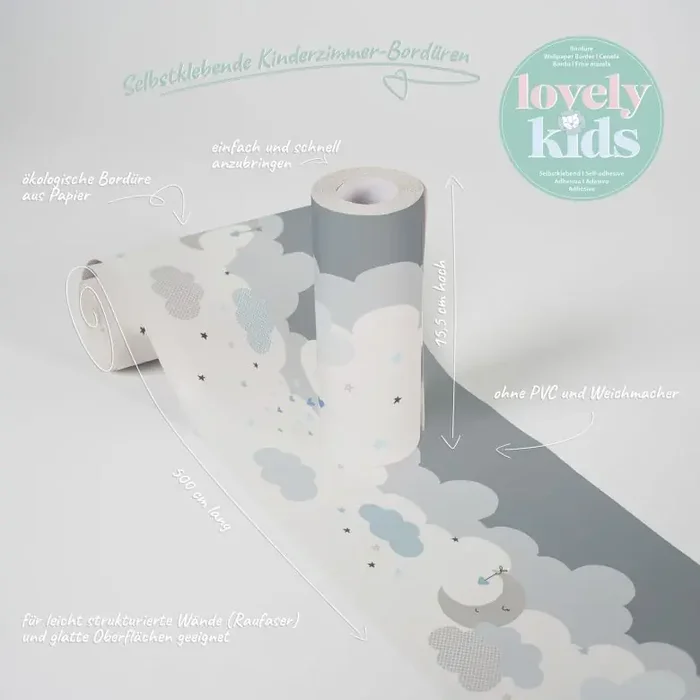 selbstklebende Kinderzimmer Bordüre Wolken Nachthimmel Borte Jungen Sterne Mond Jungenzimmer
