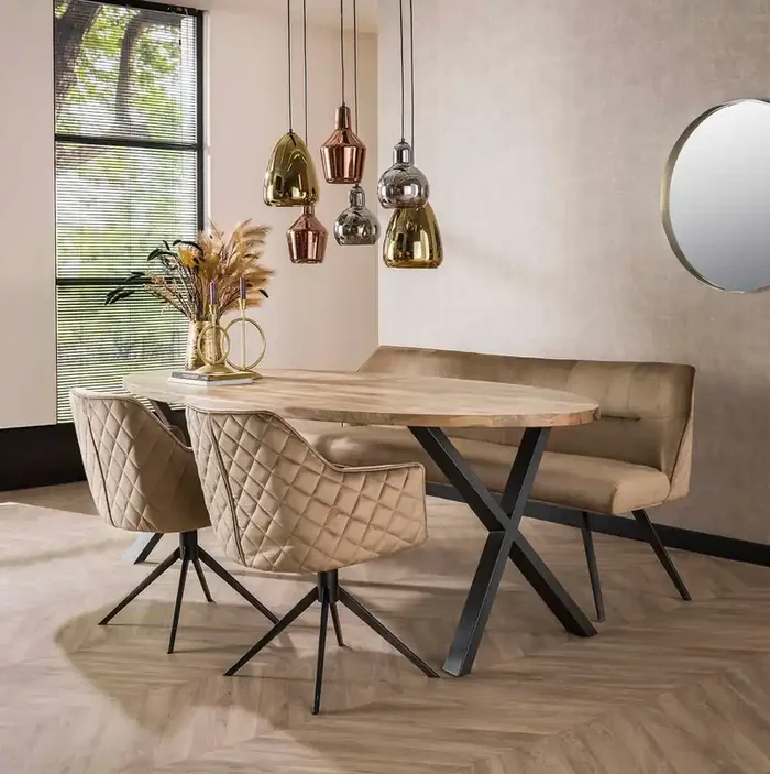 Set Esstischbank Polsterbank Pull Raute + 2 Armlehnstühle Samt Champagner