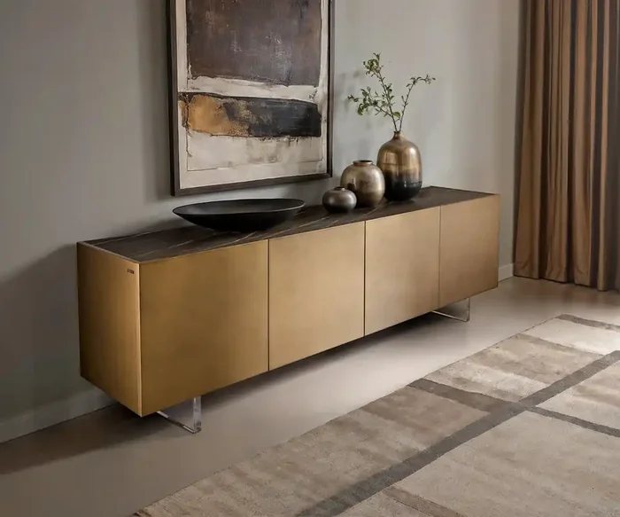 Sideboard Kazu 220 cm Metallic Gold 4 Türen Acrylfuß Keramik Laminam®Noir Desir Braun
