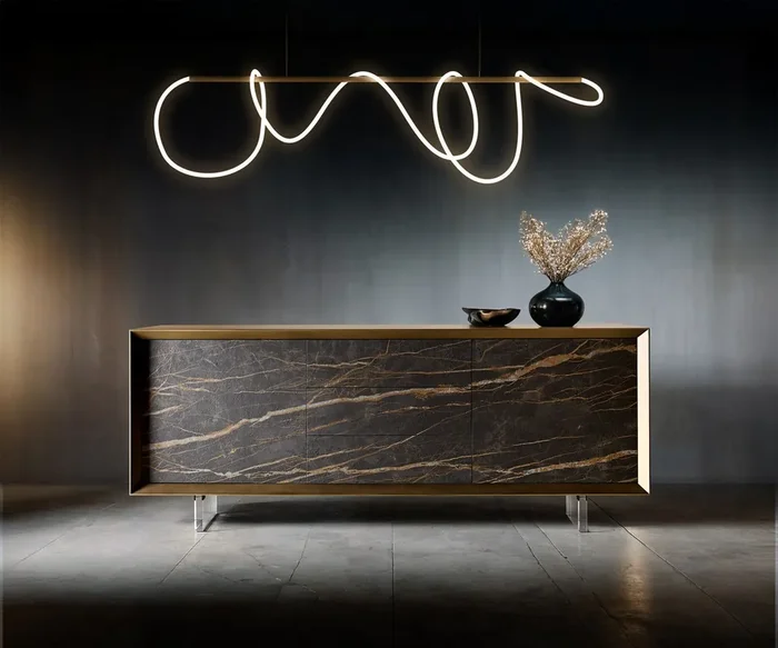 Sideboard Yori 200 cm Metallic Gold 2 Türen 3 Schubladen Acrylfuß Keramik Laminam®Noir Desir Braun