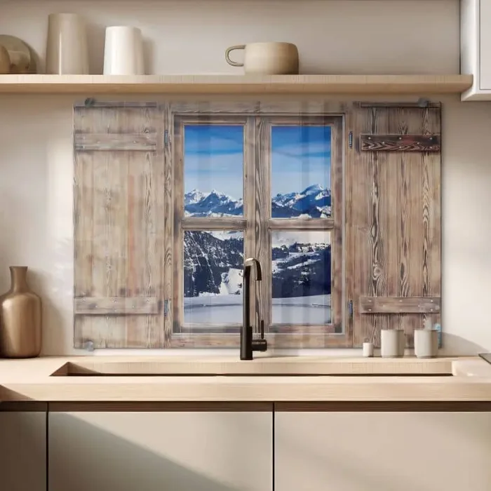 Spritzschutz 3D Holzfenster – Alpenpanorama